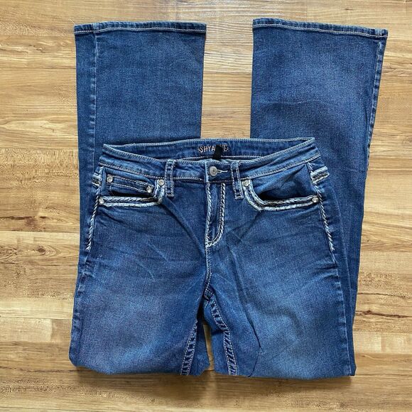 SHYANNE 29x32 Thick Stitch Rhinestone Medium Wash Boot Cut Jeans Short Western - Picture 10 of 15